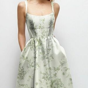 DESSY GROUP SCOOP NECK INSET CORSET FLORAL SATIN MAXI DRESS WITH POCKETS IN SAGE